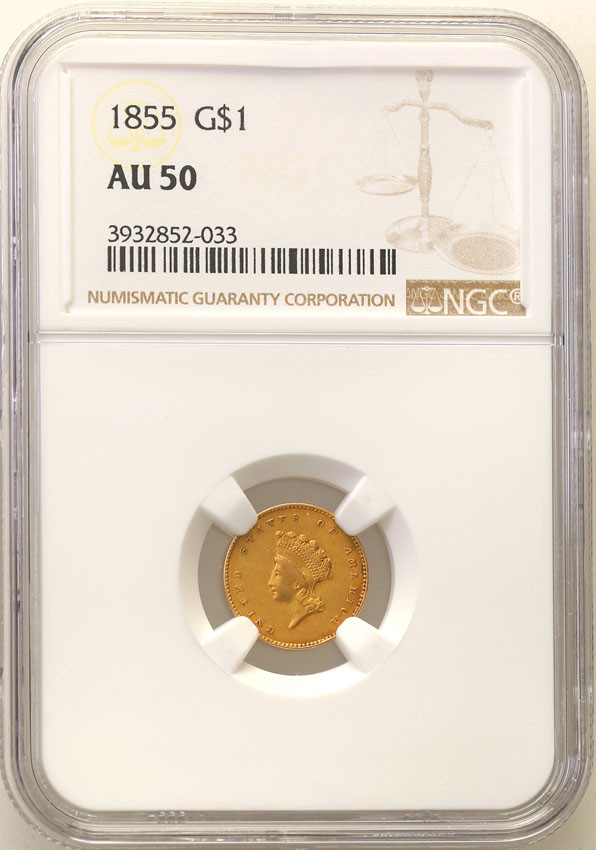 USA. Dolar 1855 typ II, Philadelphia  NGC AU50